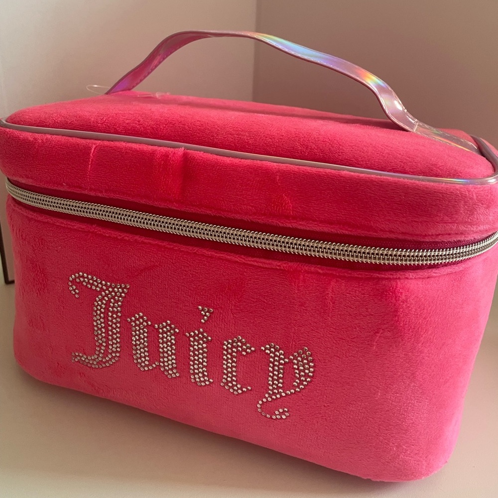 Juicy Couture Rhinestone Logo hot pink velvet Makeup Cosmetic Bag travel case